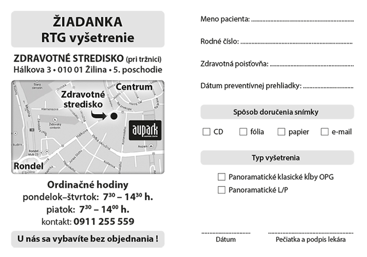 Žiadanka na RTG vyšetrenie zubov